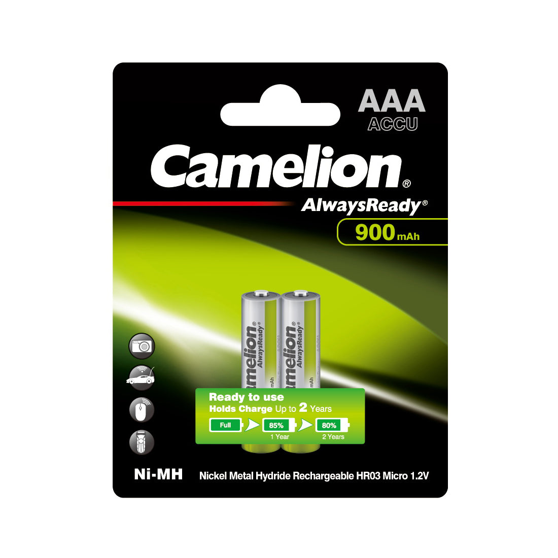 CAM-AAA-REC-900-2 - заряженные аккумуляторы Camelion Ni-MH, HR03 тип: AAA, блистер: 2 шт.
