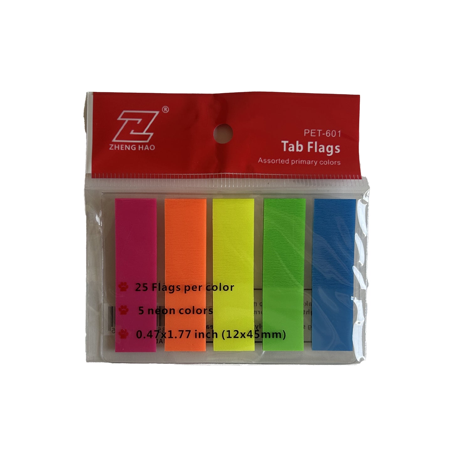 ZHE-PET-601 - флажки-закладки самоклеющиеся прямоугольные, пластиковые, 45х12 мм, 5 неоновых цветов, 125 листов